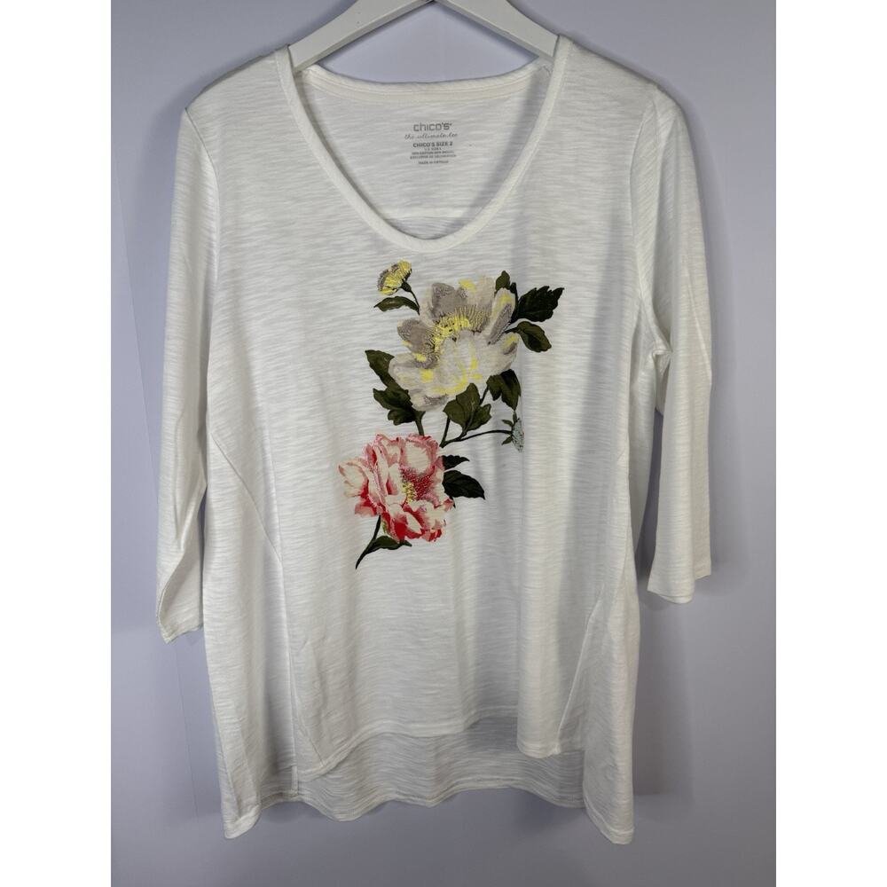 Chico's Women's The Ultimate Tee Top‎ Size 2 Large White Beaded Floral